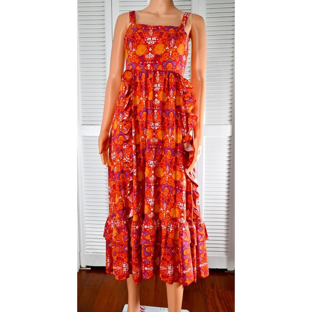 Abel The Label Red Orange Floral Print Tie Back Tiered Ruffle Midi Dress Size XS